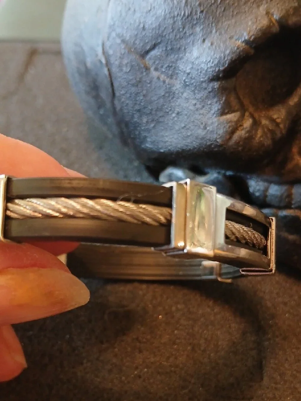 Men's Black and Silver Cable Accent Bracelet - Modern Stainless Style